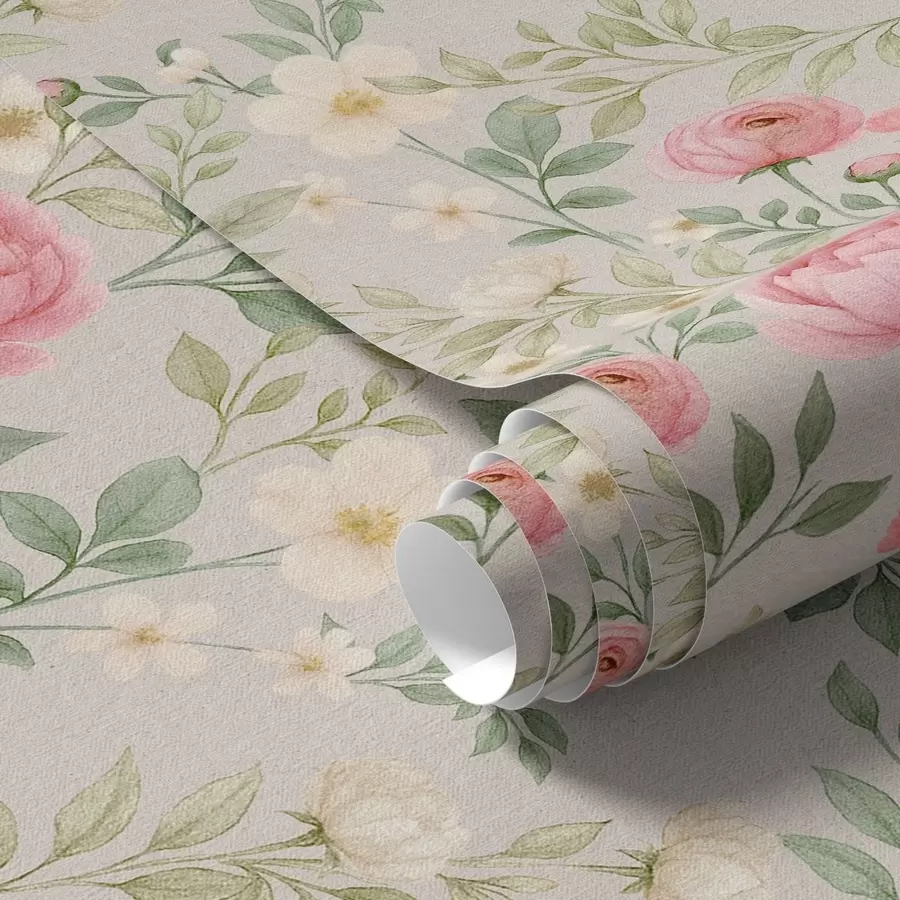 Wall Mural Photo Wallpaper Watercolor peonies and white flowers on gray-beige a00592