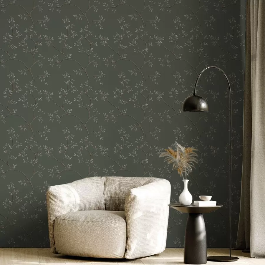 wall murals Delicate leafy branches on a dark green background a00597