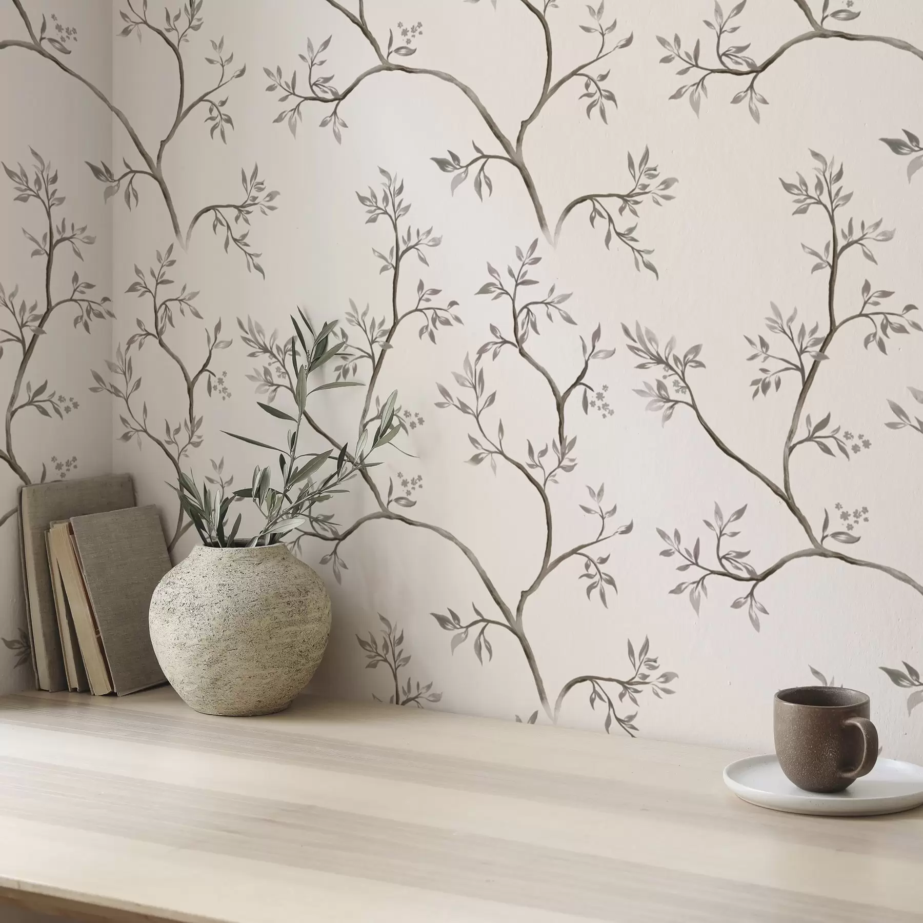 wall murals Delicate leafy branches on a warm cream background a00597v1