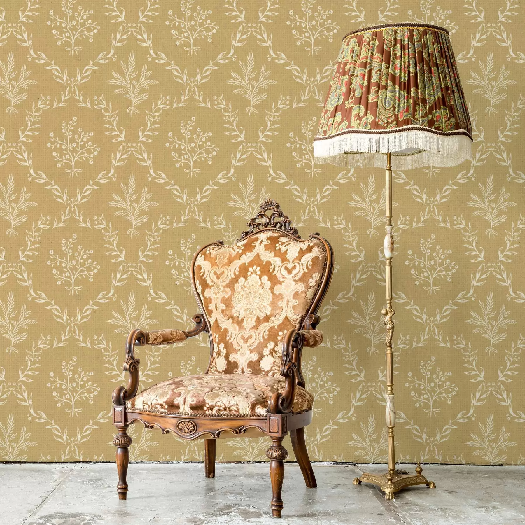 peintures murales Couronnes blanches d'herbes et de fleurs sur fond moutarde a00599