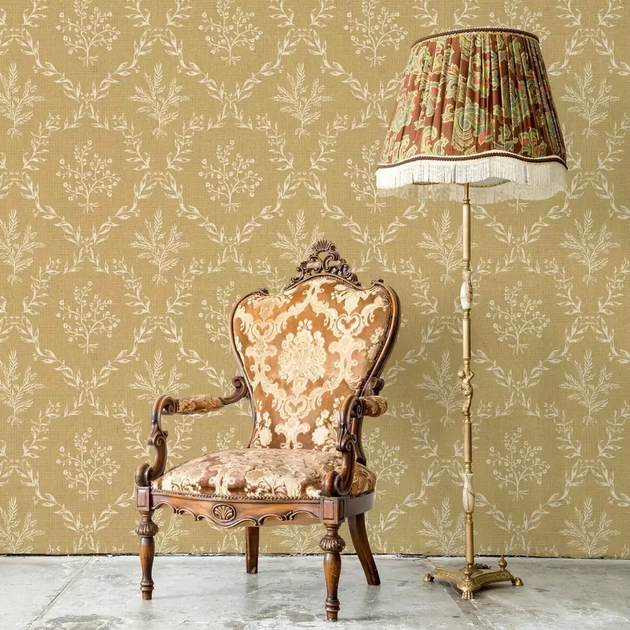 murales Coronas blancas de hierbas y flores sobre fondo mostaza a00599