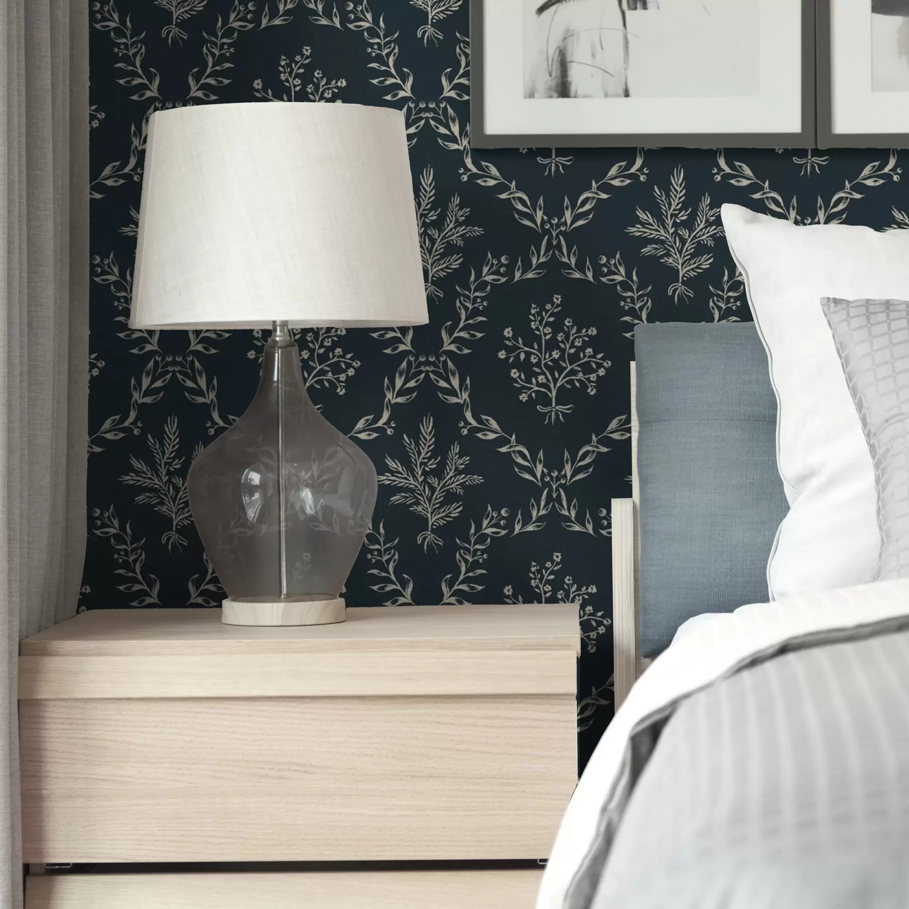 peintures murales Couronnes blanches d'herbes et de fleurs sur fond bleu sarcelle foncé a00599v2