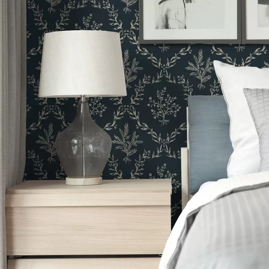 murales Coronas blancas de hierbas y flores sobre fondo verde azulado oscuro a00599v2