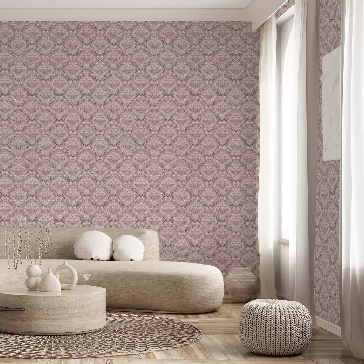 Wallpaper Pink damask: peonies, snowdrops and lacy clusters a00603