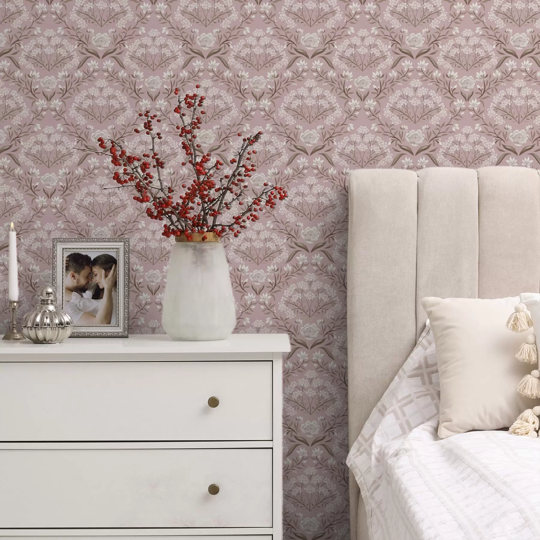 wall murals Pink damask: peonies, snowdrops and lacy clusters a00603