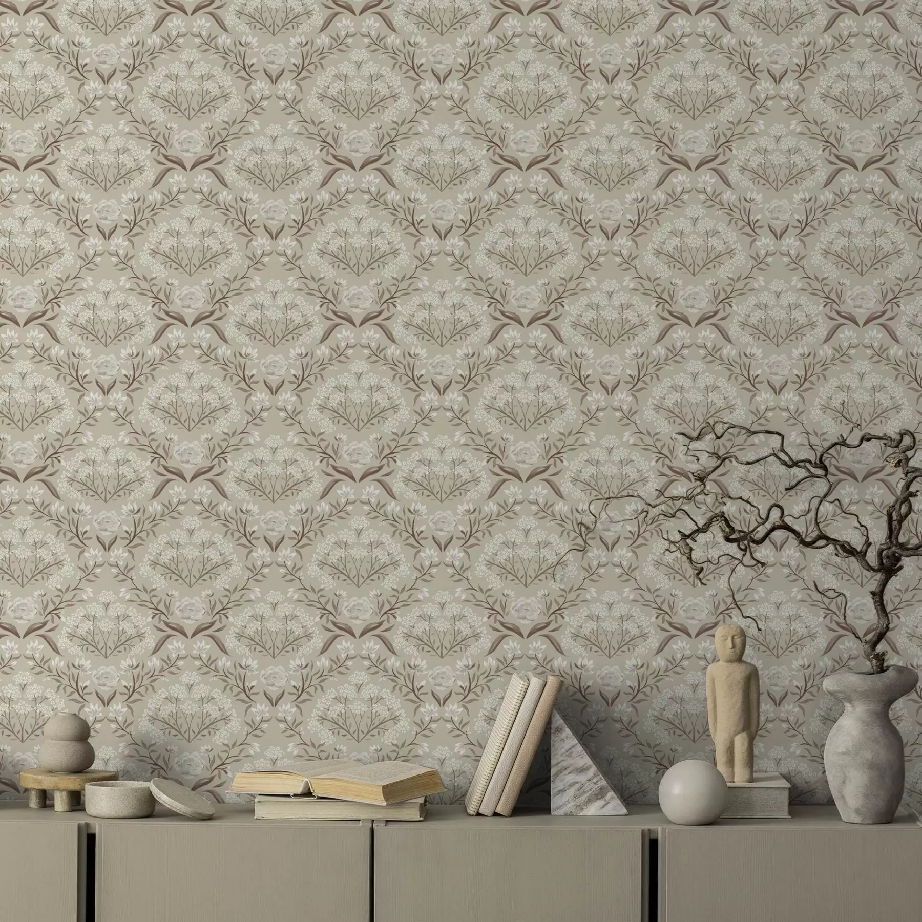 peintures murales Damassé beige : pivoines, perce-neige et grappes dentelées a00603v1