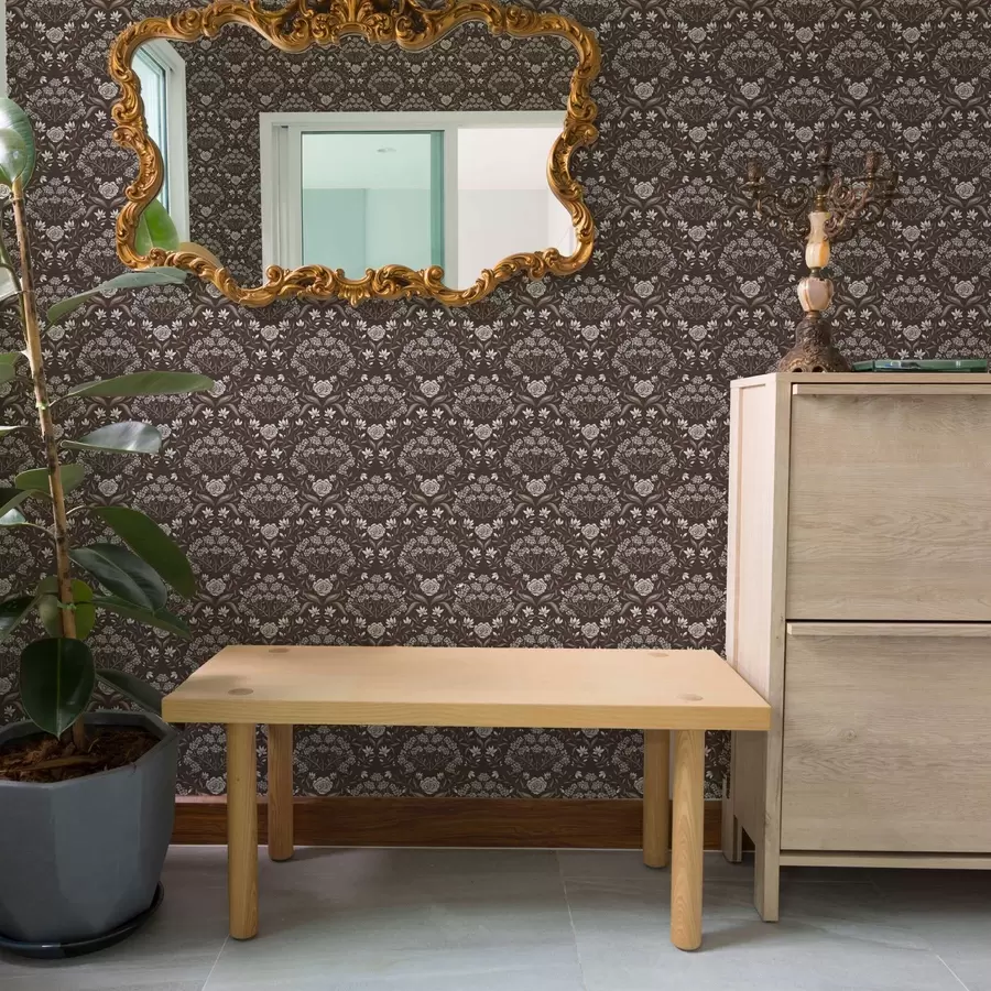 murales Damasco de chocolate negro con peonías y campanillas de invierno a00603v2