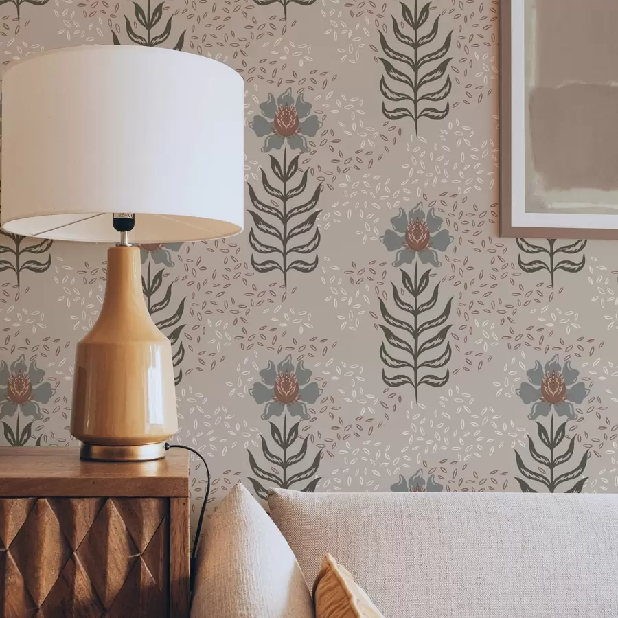 murales Flores y semillas estilizadas sobre un cálido fondo beige a00604