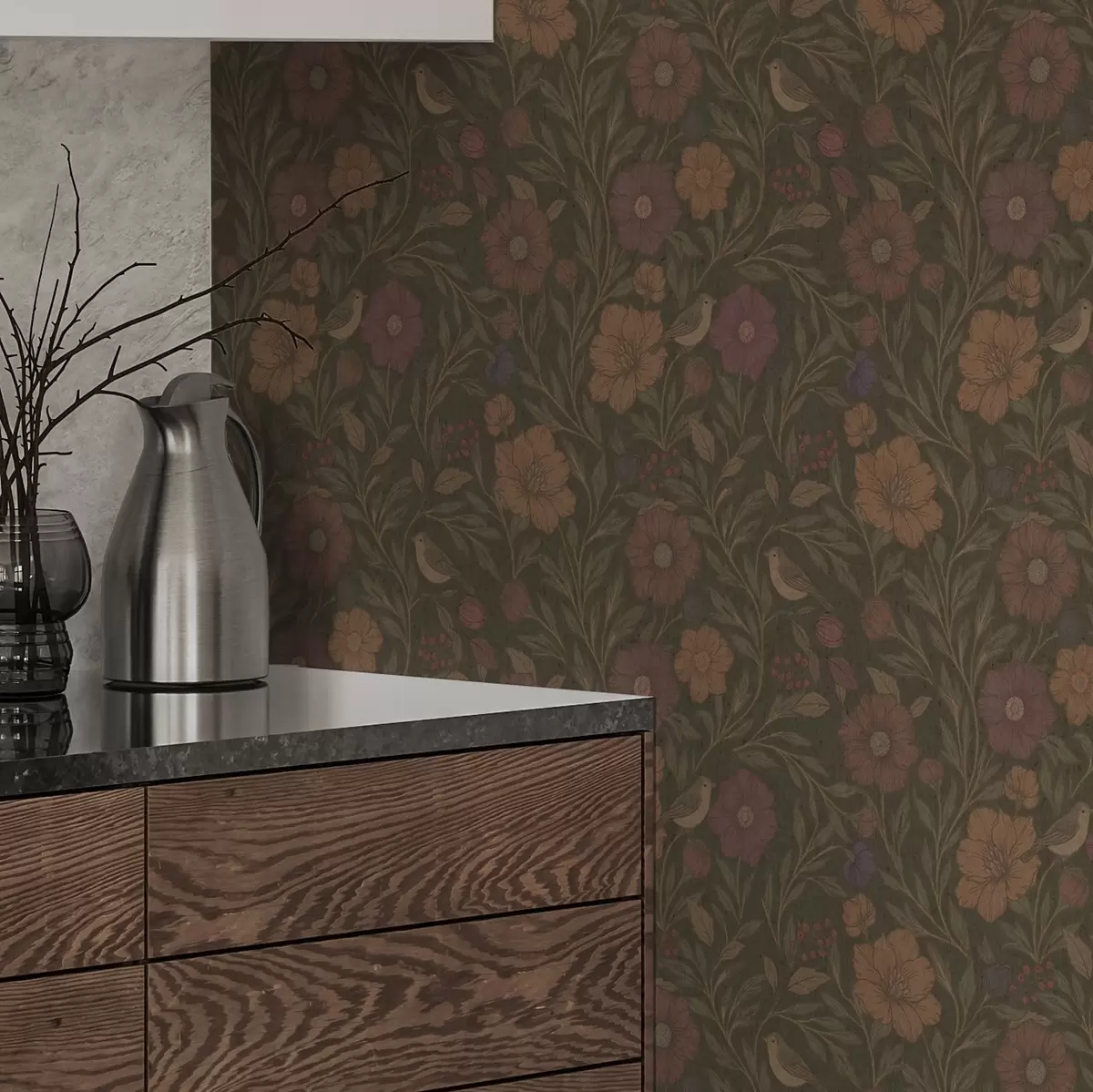 Papier peint Fleurs d'automne et oiseaux sur fond brun olive a00605