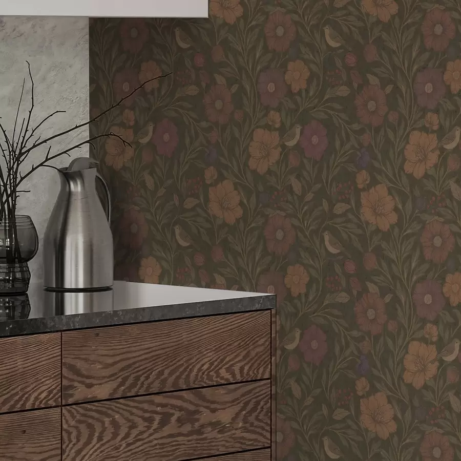 murales Flores otoñales y pájaros sobre fondo marrón oliva a00605