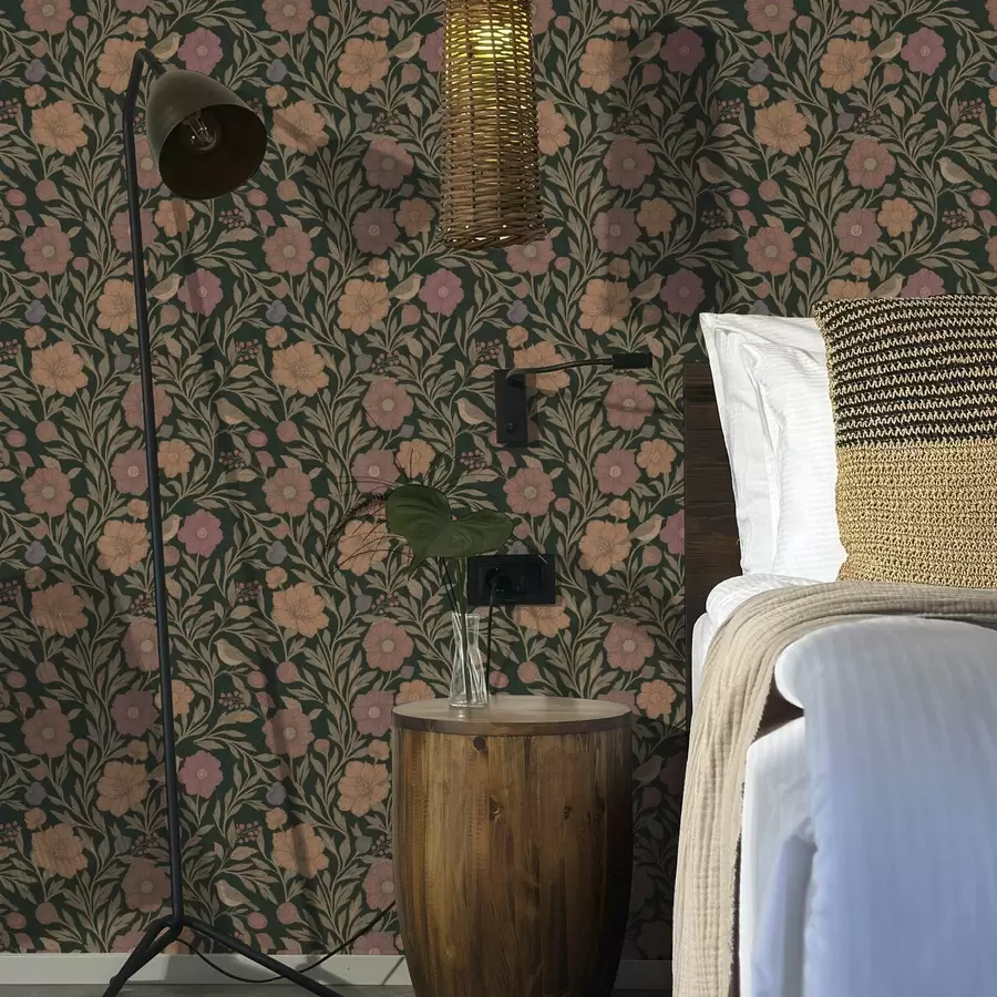 murales Flores otoñales y pájaros sobre un fondo esmeralda intenso a00605v1