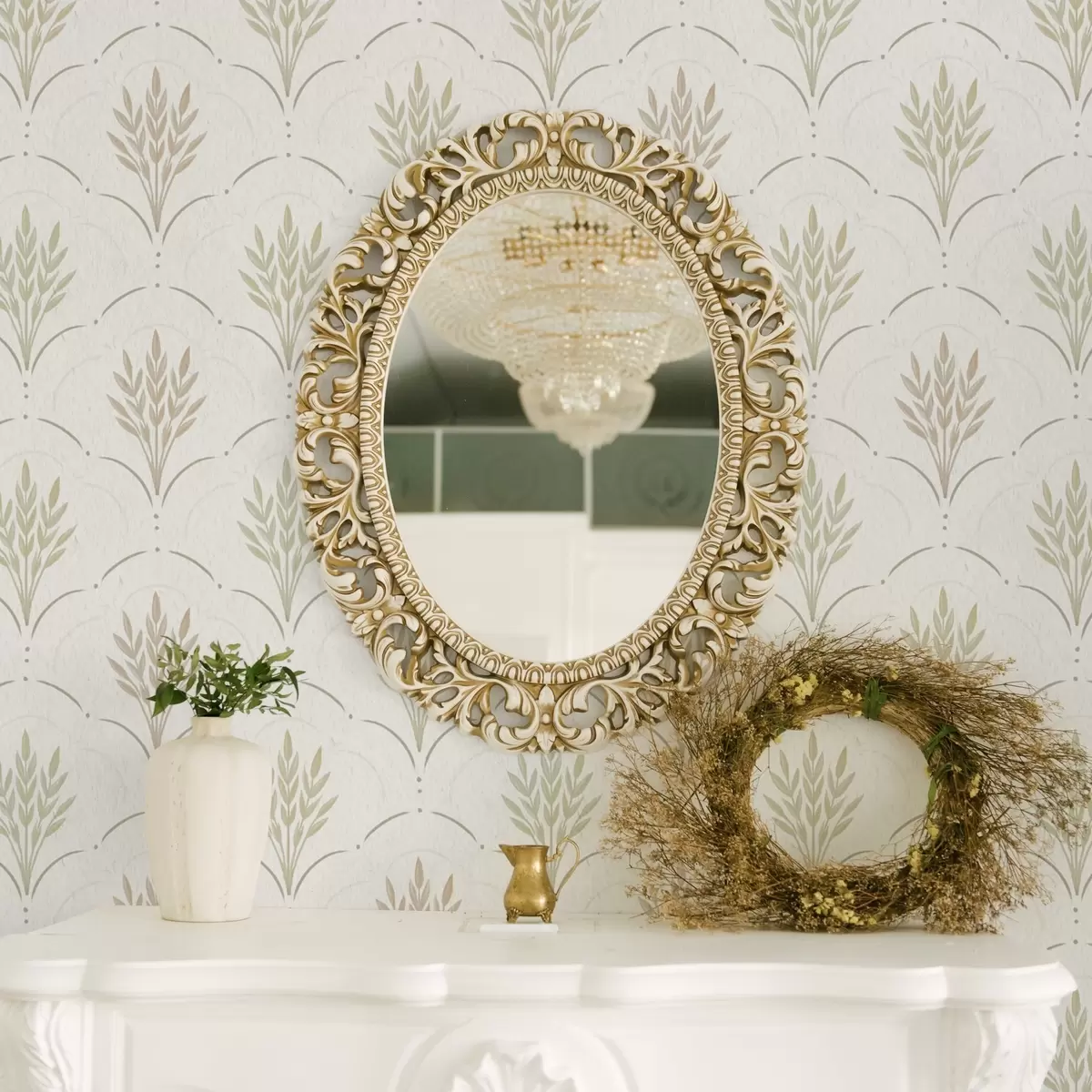 Wallpaper Wheat in an arched ornament, soft pastels on white a00607v1