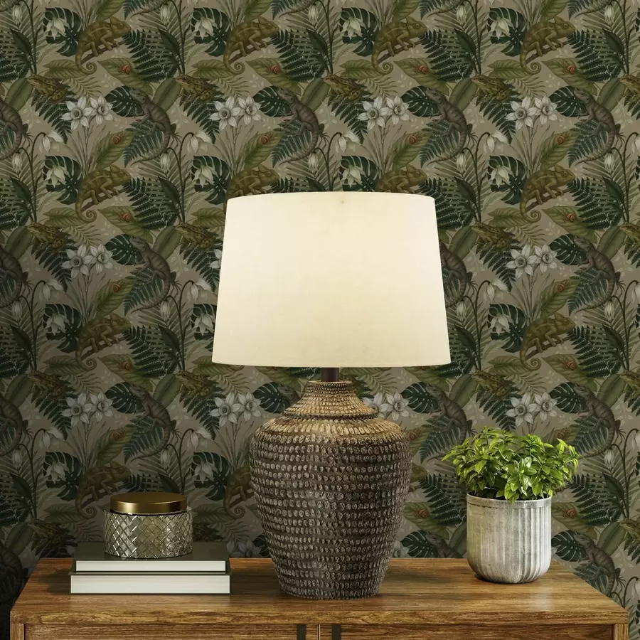 murales Camaleones y hojas tropicales, flores blancas, fondo beige a00608