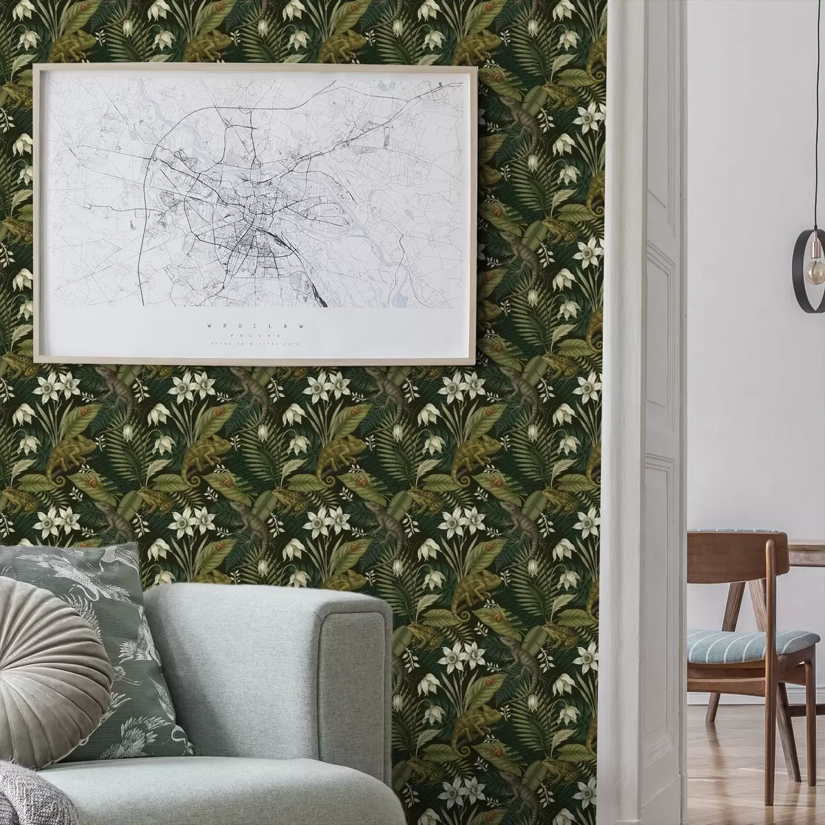 Papier peint Caméléons et feuilles tropicales, fleurs blanches, sol sombre a00608v1