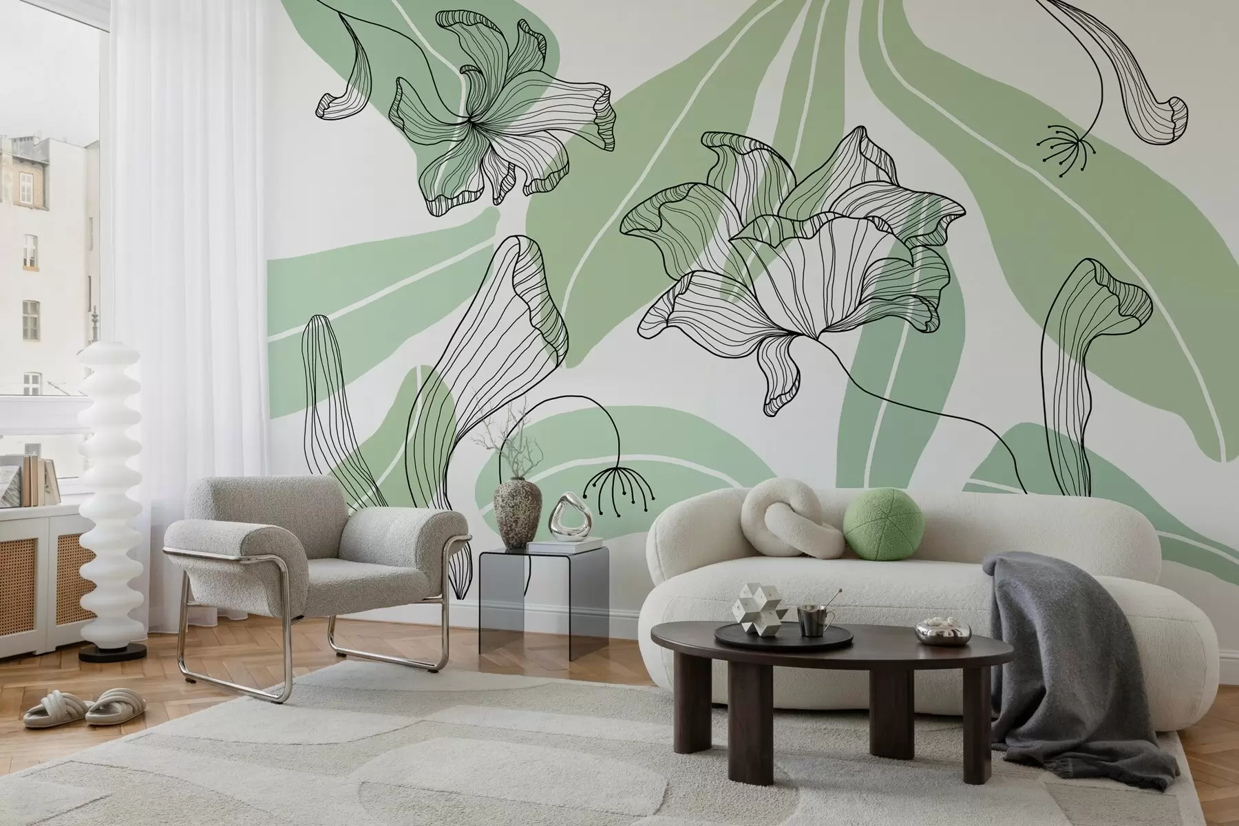 wall murals abstract leaves and flowers in green tones w04499v1