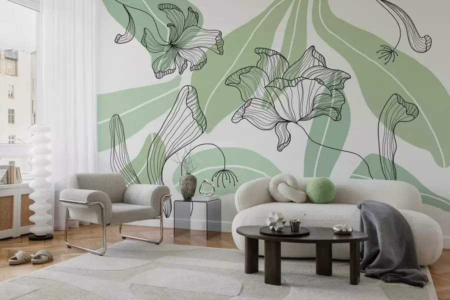 wall murals abstract leaves and flowers in green tones w04499v1