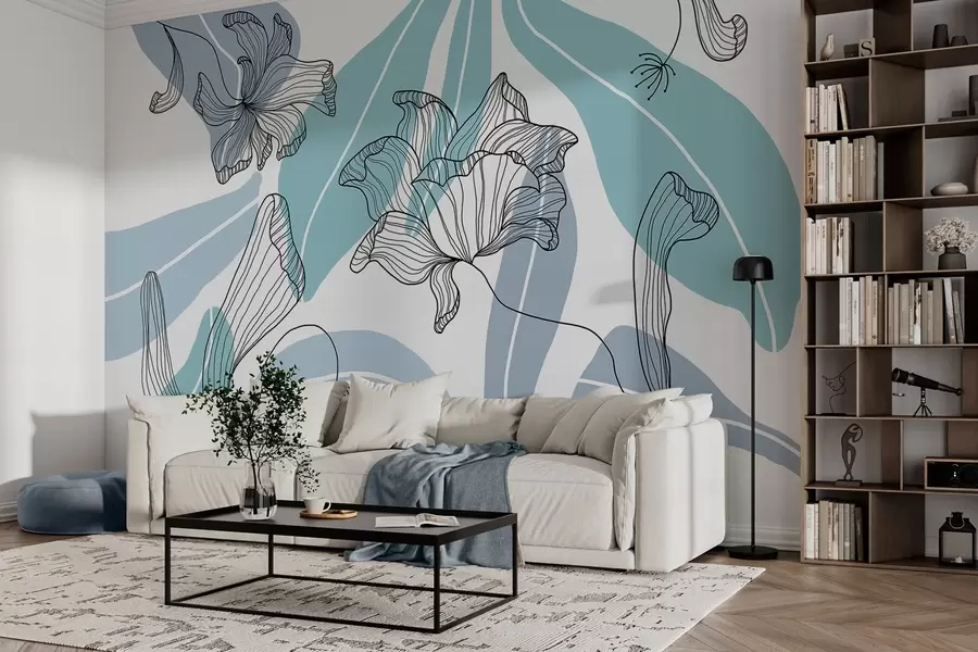 wall murals abstract leaves and flowers in blue tones w04499v2