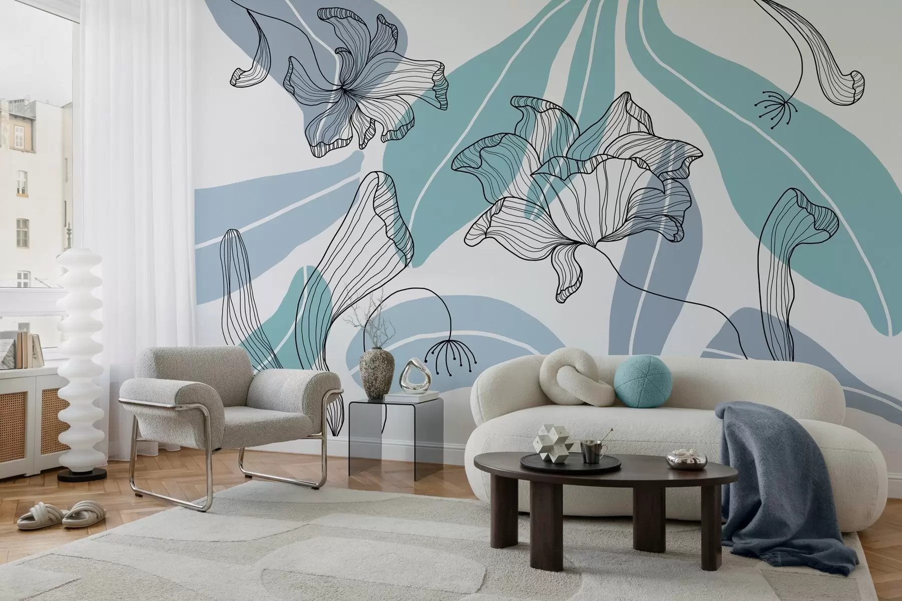 Wall Mural Photo Wallpaper abstract leaves and flowers in blue tones w04499v2