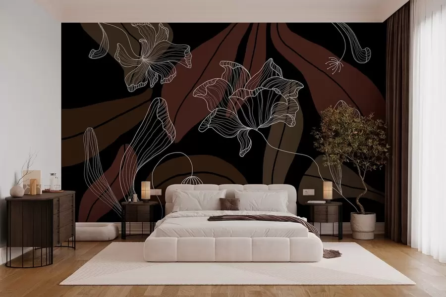 Wall Mural Photo Wallpaper abstract leaves and flowers in powdery and beige tones on a dark background w04499v3
