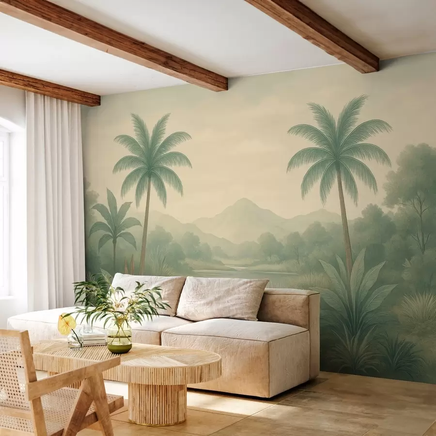peintures murales paysage tropical avec des palmiers et une rivière w04623