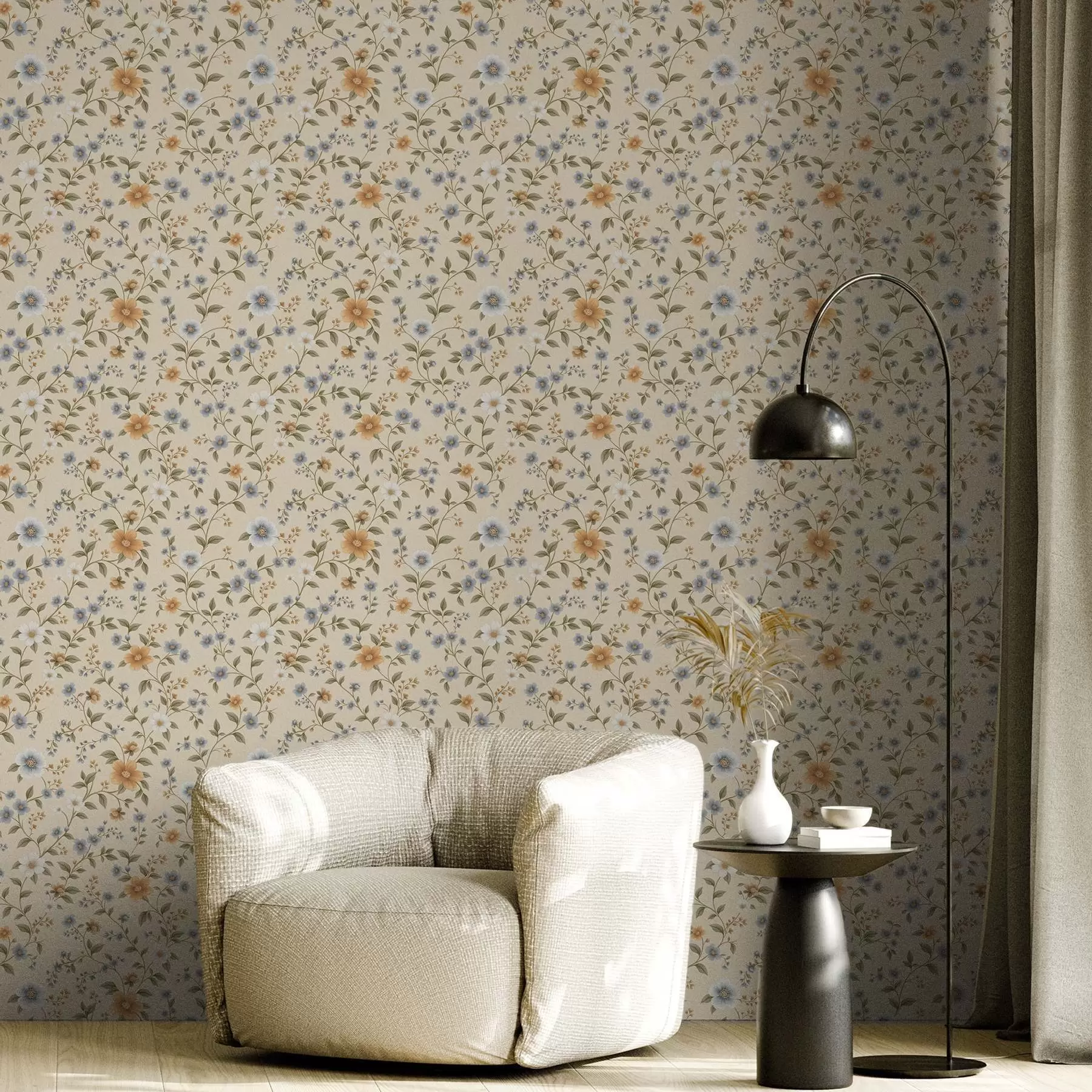 wall murals Floral branches with blue and peach flowers a00575