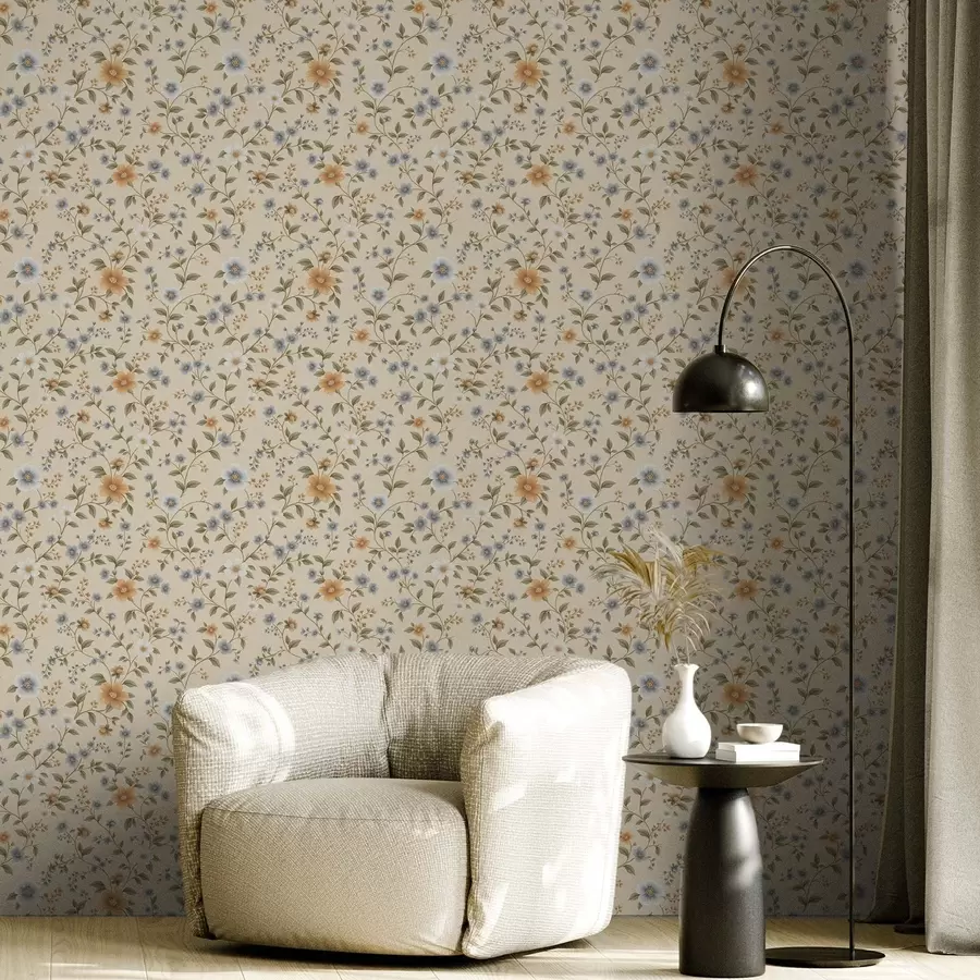 murales Ramas florales con flores azules y melocotón a00575