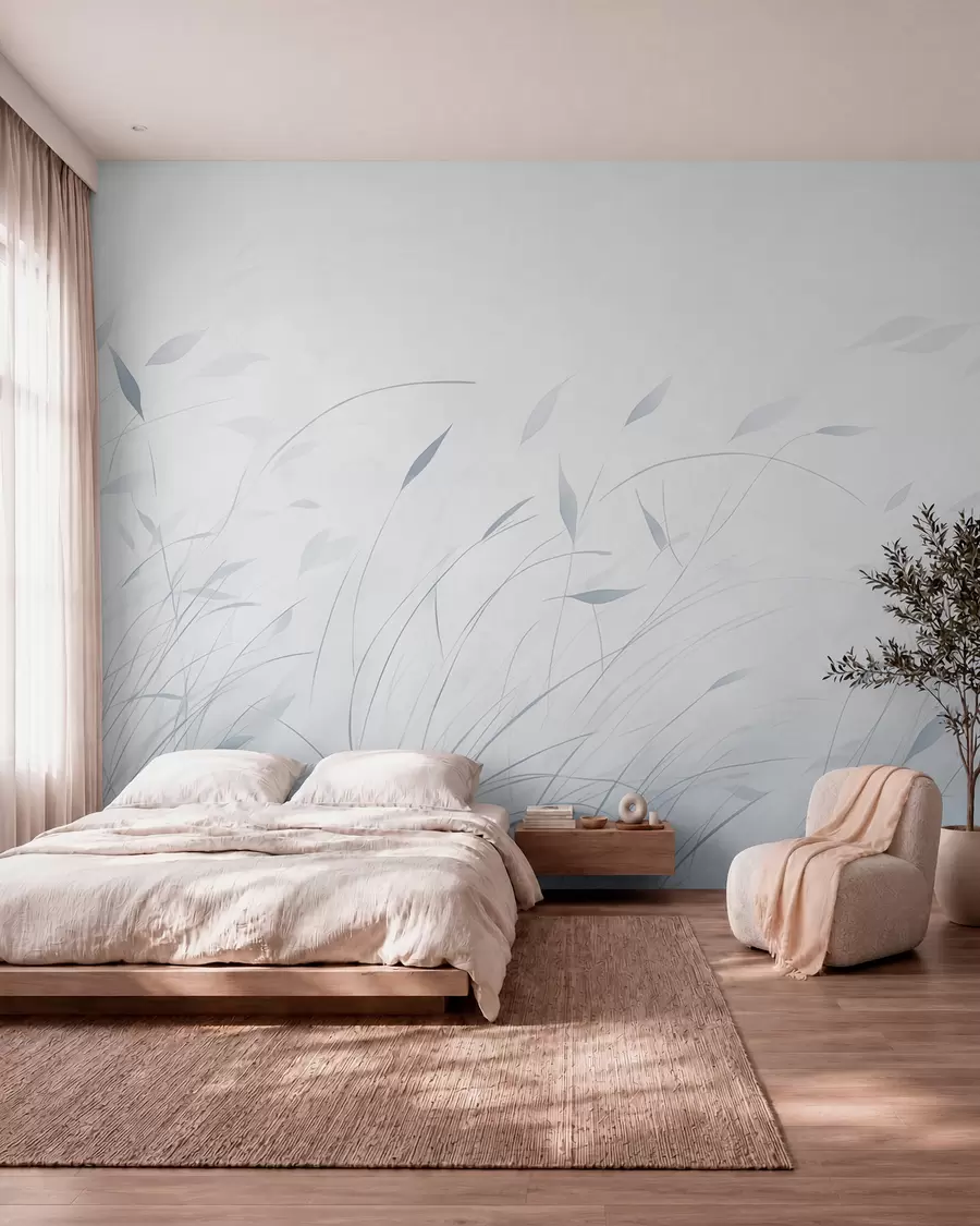 peintures murales Herbe dans le vent, style aquarelle, dans des tons bleus w09331v2