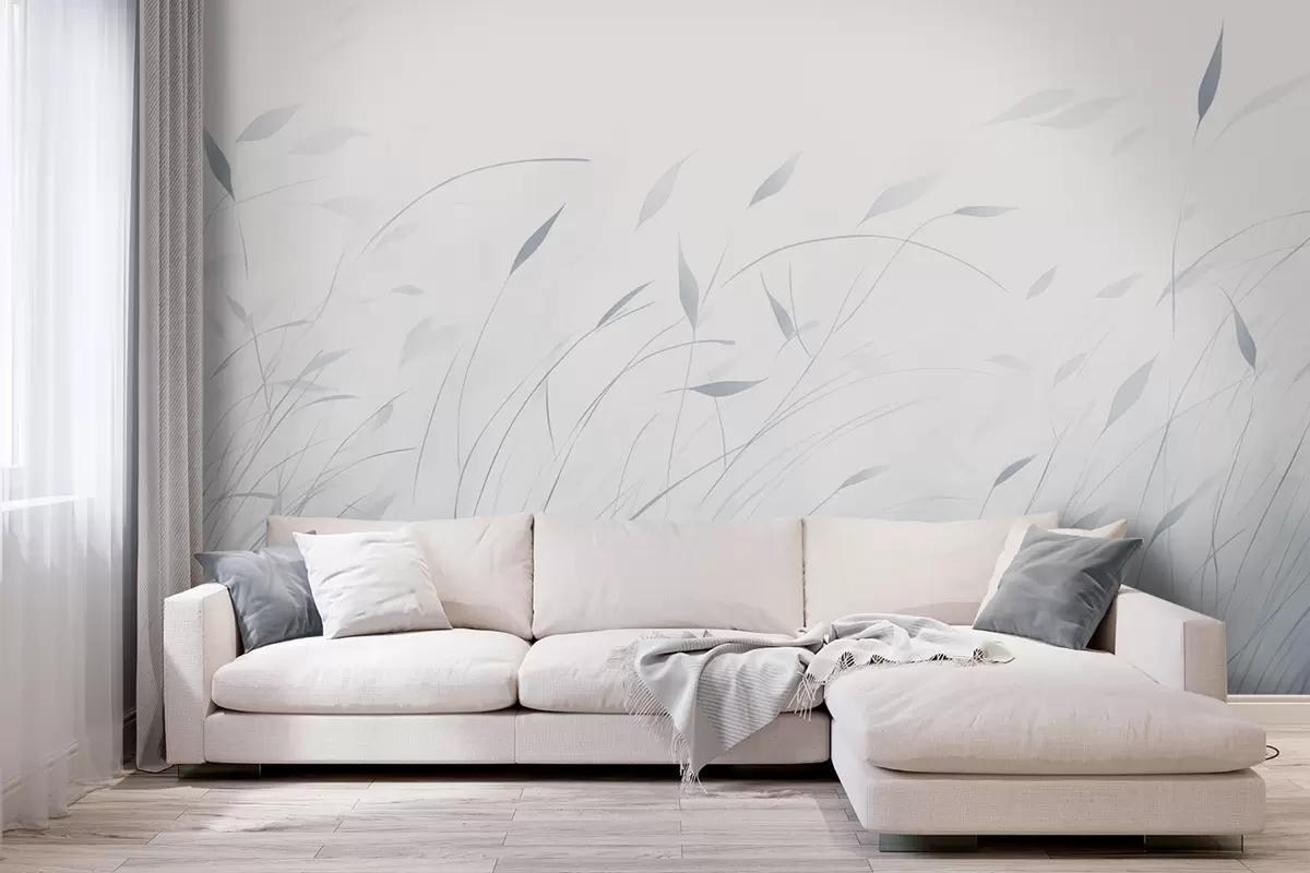 Wall Mural Photo Wallpaper Grass in the wind in watercolor style in blue shades w09331v2