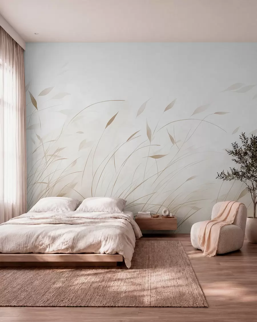 peintures murales Herbe dans le vent, style aquarelle, dans des tons beiges w09331v1