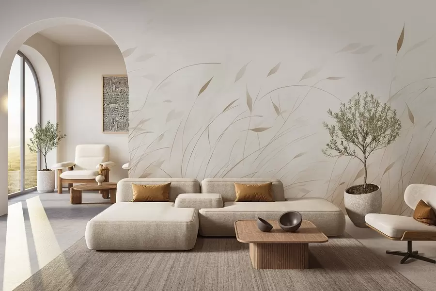 wall murals Grass in the wind in watercolor style in beige shades w09331v1