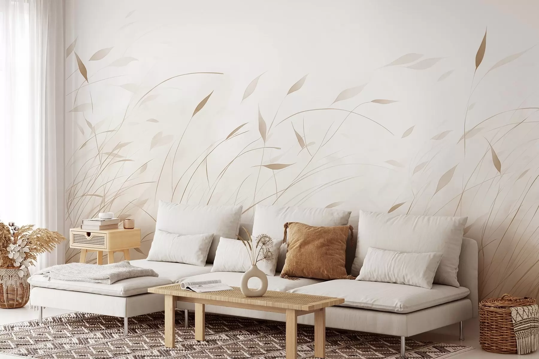 Wall Mural Photo Wallpaper Grass in the wind in watercolor style in beige shades w09331v1