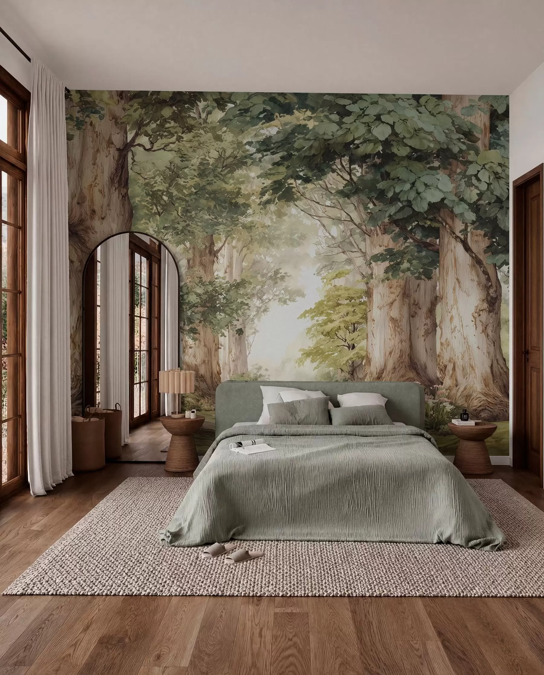 wall murals Forest path among majestic trees in watercolor style w09404