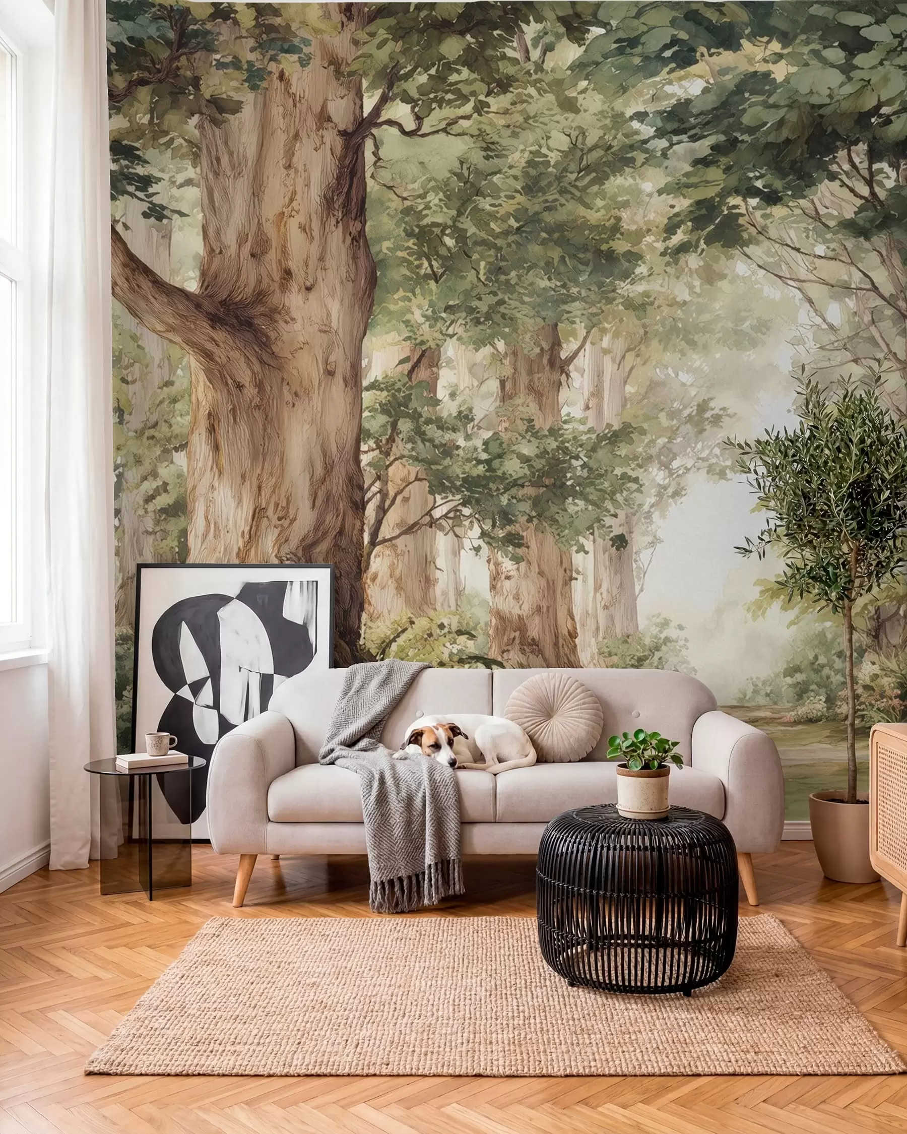 peintures murales Sentier forestier parmi des arbres majestueux, style aquarelle w09404