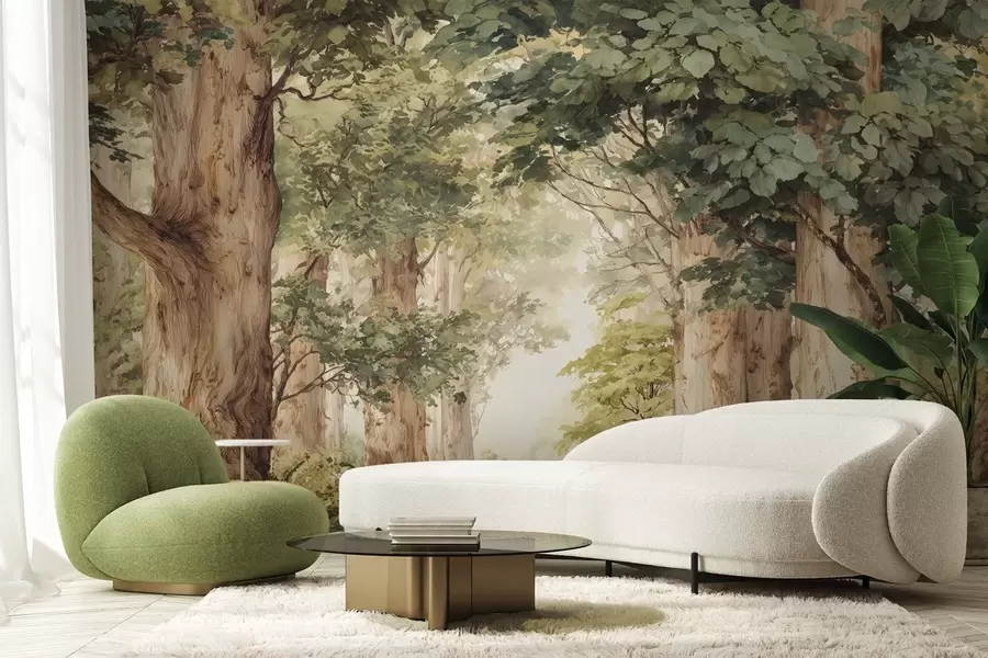 Wall Mural Photo Wallpaper Forest path among majestic trees in watercolor style w09404