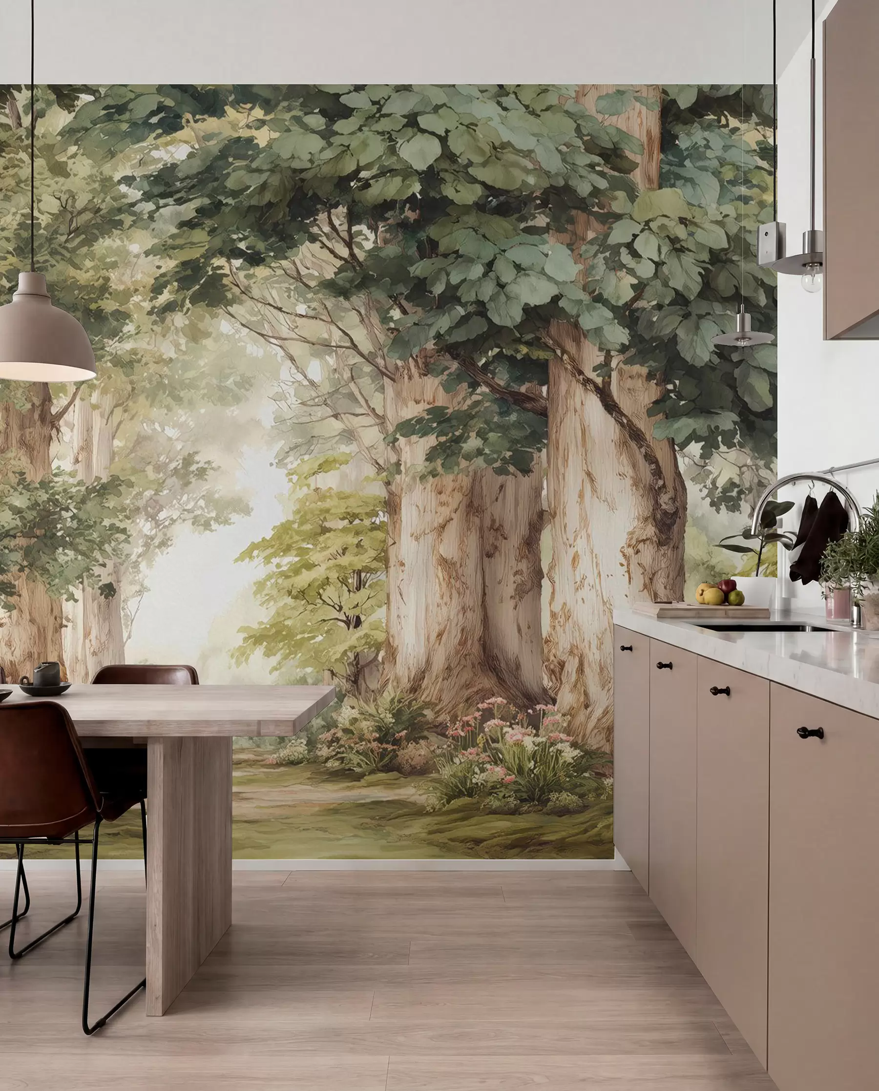 peintures murales Sentier forestier parmi des arbres majestueux, style aquarelle w09404