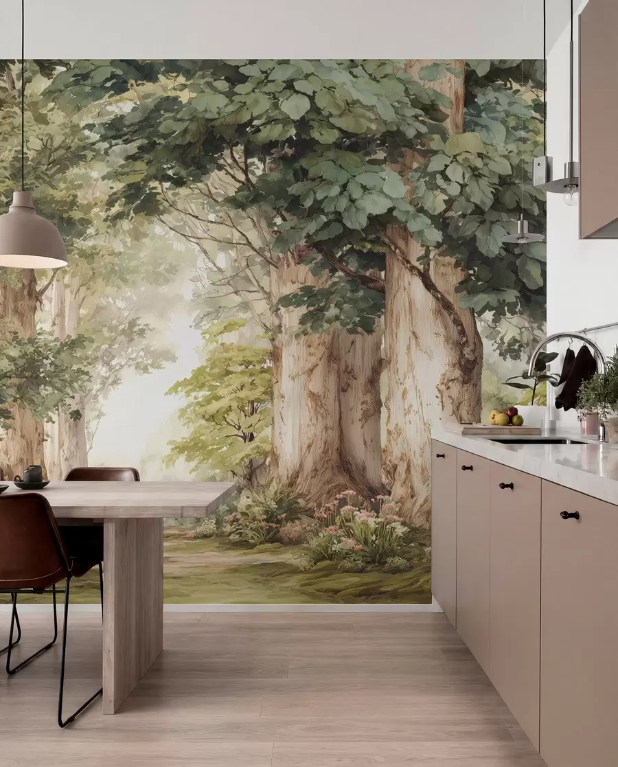 peintures murales Sentier forestier parmi des arbres majestueux, style aquarelle w09404