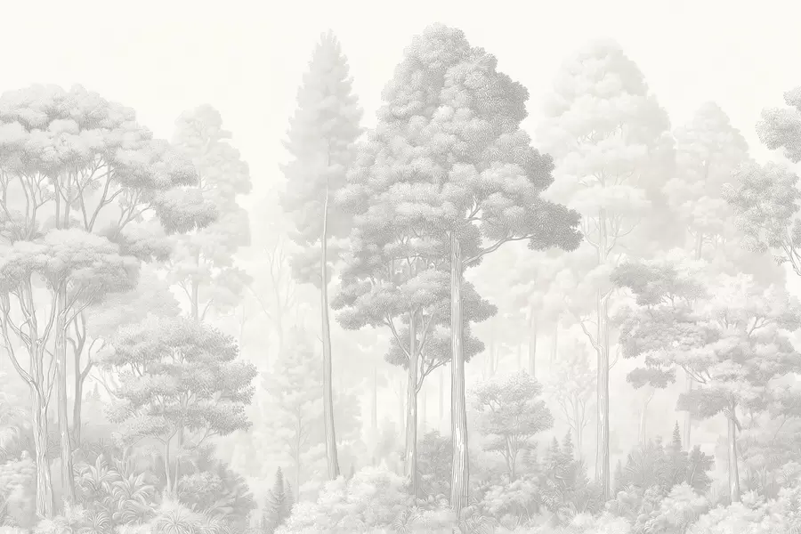 murales Paisaje forestal artístico en la técnica del sombreado gráfico en blanco y negro w09411