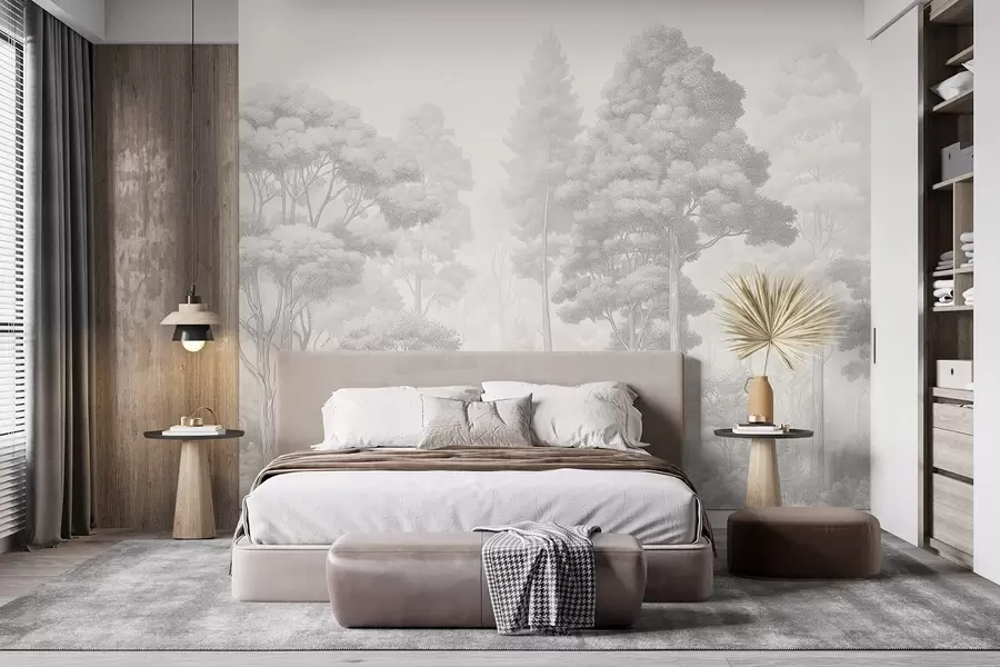 Wall Mural Photo Wallpaper Artistic forest landscape in the technique of black-and-white graphic hatching w09411