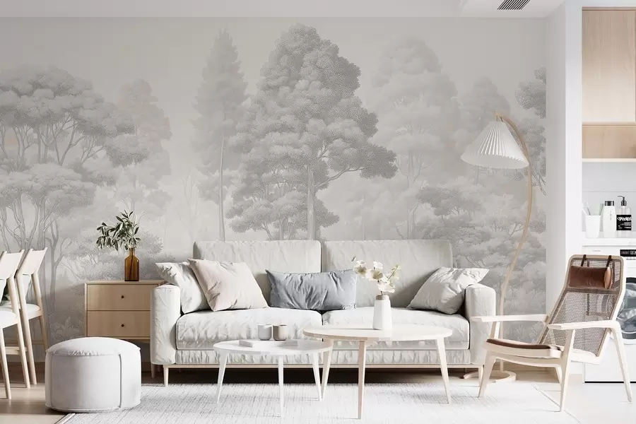 wall murals Artistic forest landscape in the technique of black-and-white graphic hatching w09411