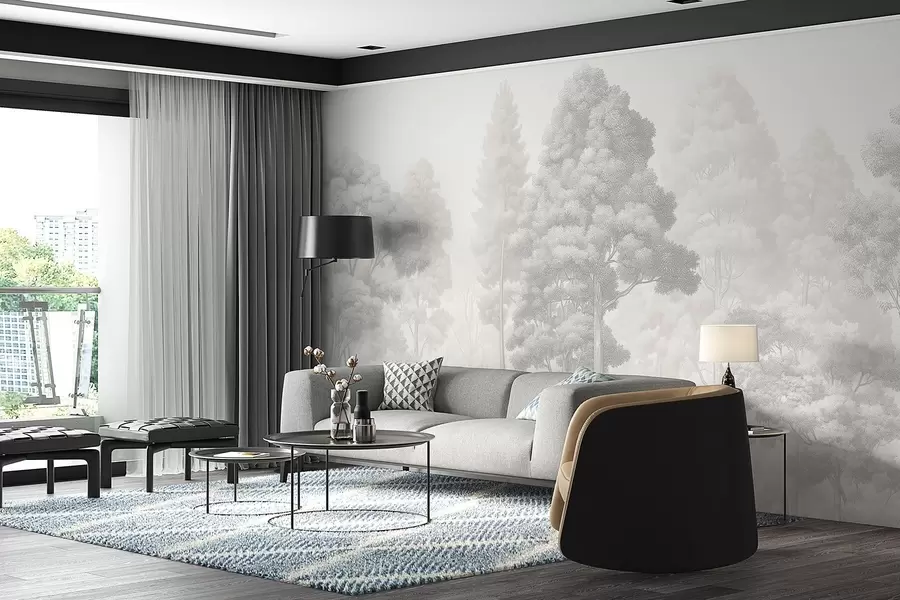 murales Paisaje forestal artístico en la técnica del sombreado gráfico en blanco y negro w09411