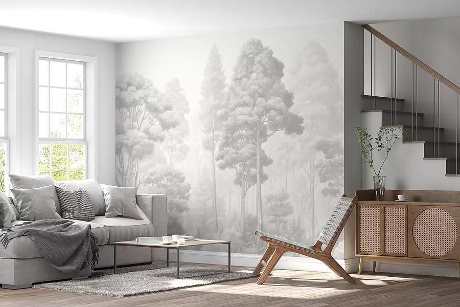 murales Paisaje forestal artístico en la técnica del sombreado gráfico en blanco y negro w09411