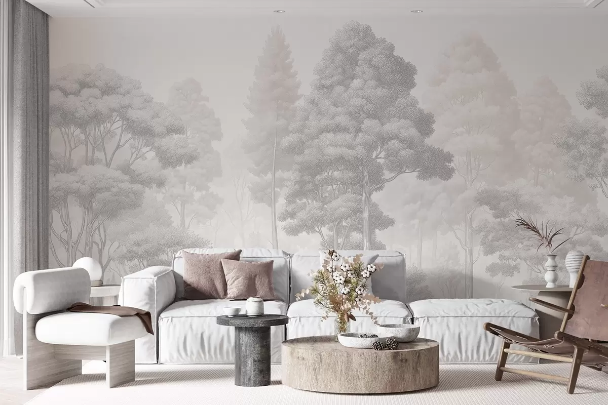 Wall Mural Photo Wallpaper Artistic forest landscape in the technique of black-and-white graphic hatching w09411
