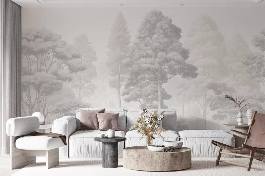 Wall Mural Photo Wallpaper Artistic forest landscape in the technique of black-and-white graphic hatching w09411