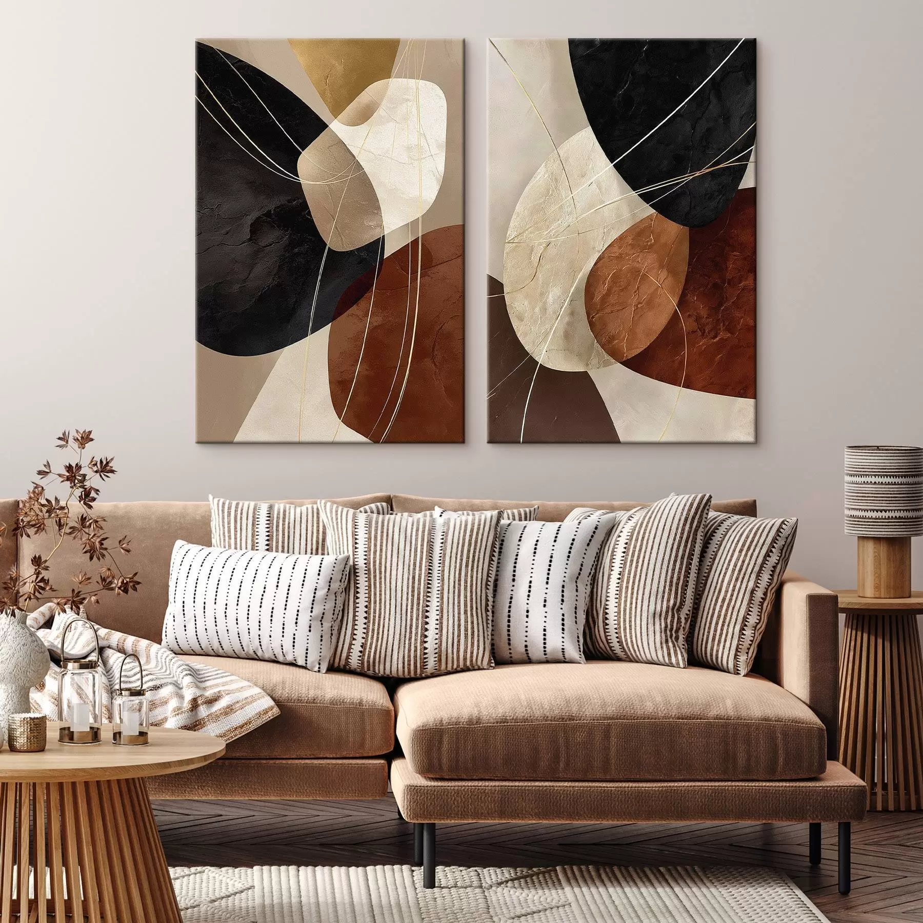 murales Óvalos geométricos en una paleta cálida con líneas amarillas m00763