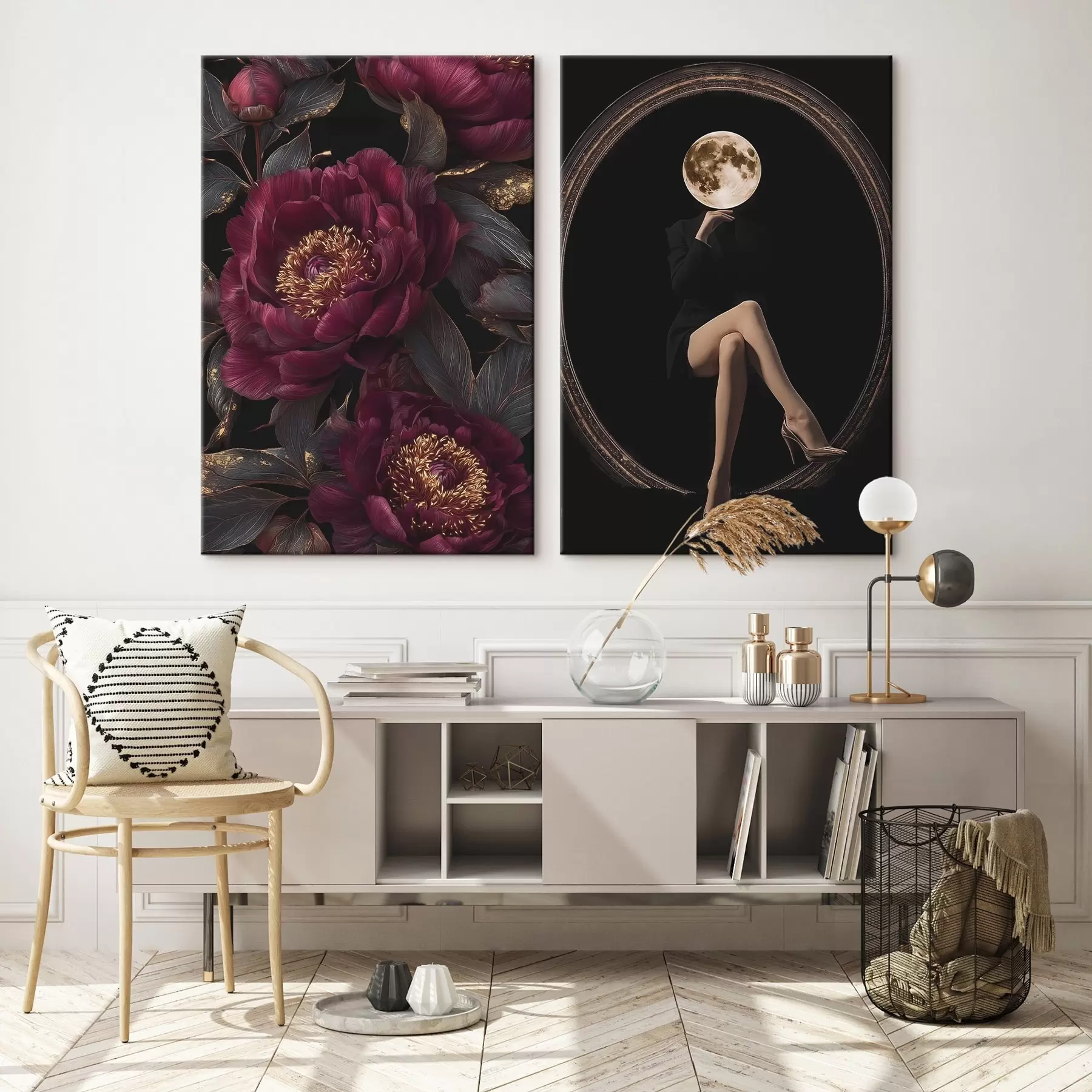 wall murals Burgundy peonies and a moon-headed silhouette on black m00765