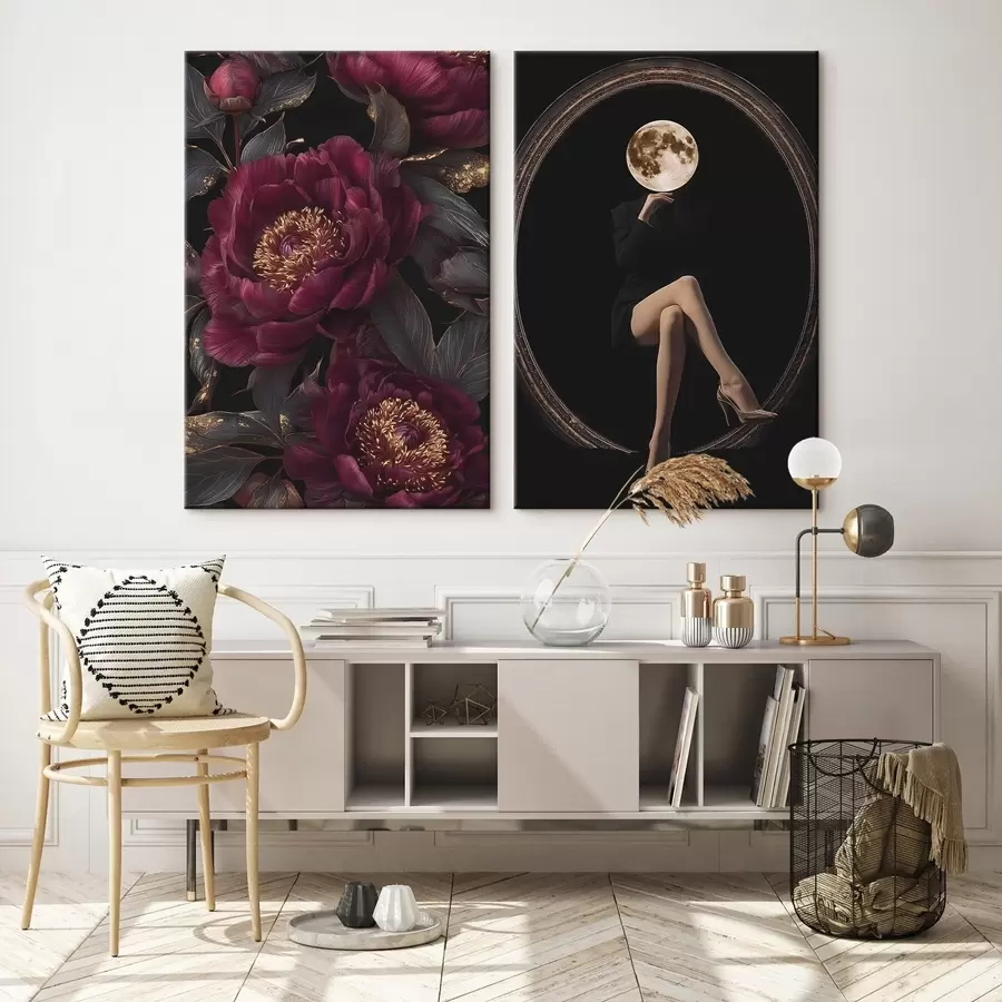 wall murals Burgundy peonies and a moon-headed silhouette on black m00765