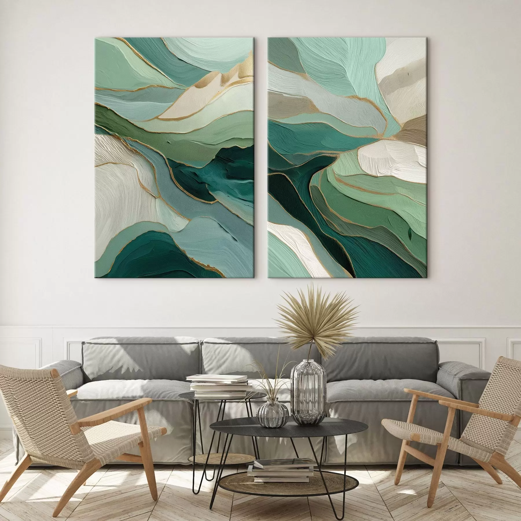 wall murals Emerald layered abstraction with a yellow outline m00766