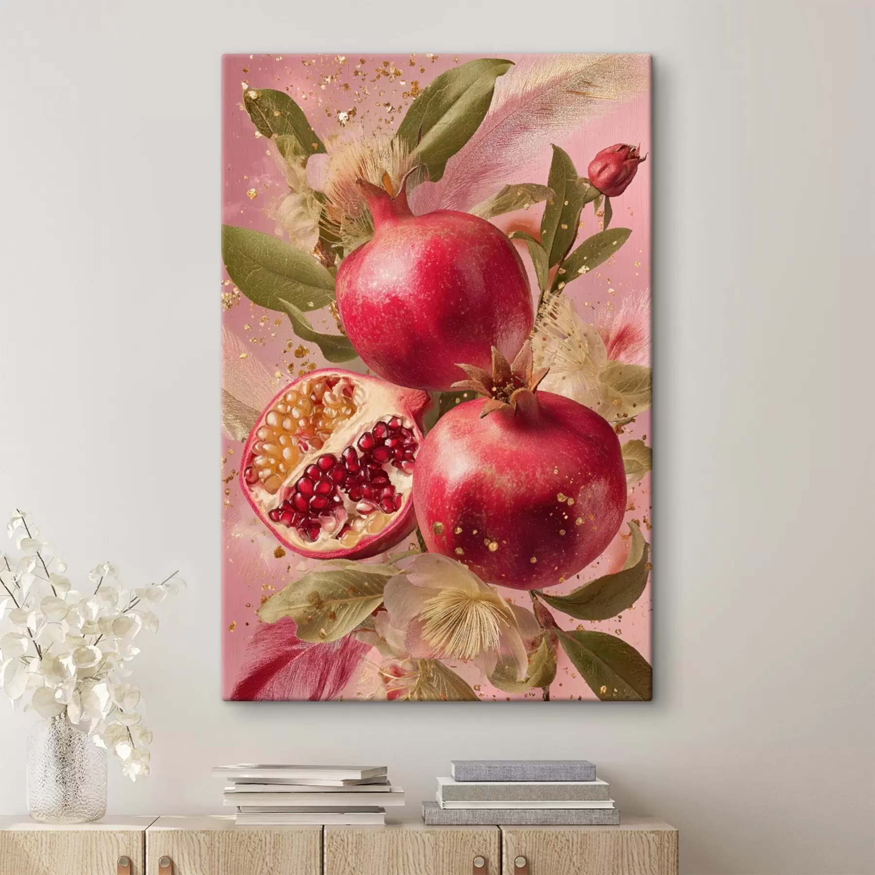 wall murals Ripe pomegranates on pink with foliage and gold speckles s45868
