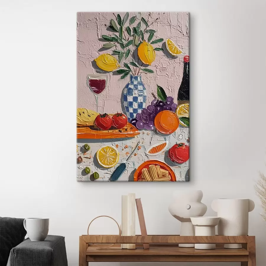 murales Naturaleza muerta en tonos pastel: limones, uvas y tomates, impasto s45876