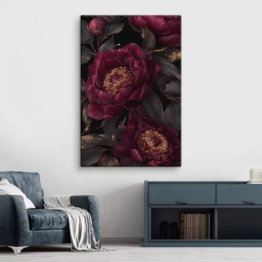 wall murals Burgundy peonies on black with yellow accents s45877